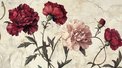 Canvas Print - Pink carnations blending into a weathered cream wallpaper for a timeless design