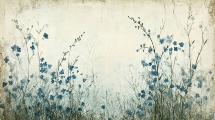 Wall Mural - Forget-me-nots blending into a distressed parchment-like wallpaper for a nostalgic design