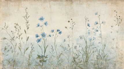 Wall Mural - Forget-me-nots and wild grasses blending into a distressed parchment wallpaper backdrop