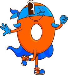 Poster - Cartoon groovy math number null zero superhero character. Isolated vector school numeral 0 vigilante personage with playful smiling face, winking eye and orange color, ready for educational kid games