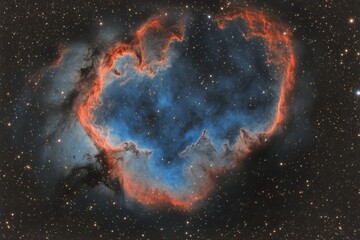 A stunning view of a nebula, a vast cloud of gas and dust in space, glowing with vibrant red and blue hues against a backdrop of twinkling stars.