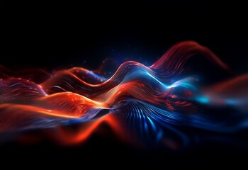 Canvas Print - Abstract red and blue glowing lines form a wavy shape on a black background.