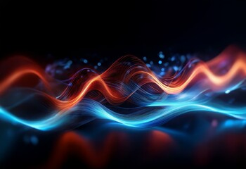 Sticker - Abstract dark background with a blue and orange glowing wave made up of thin lines.