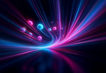 Wall Mural - Abstract background with glowing lines of pink and blue light converging on a dark background.