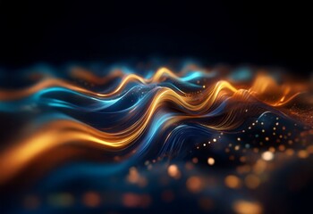 Fototapete - Abstract wave form,  glowing,  blue and orange lines, dark background, bokeh.