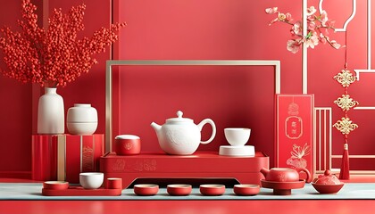 Tea set and decorations show traditional good fortune, red artistic style is warm and vintage