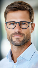 Confident professional man with glasses in modern office environment