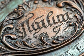 Close-up of antique library stamp with ornate lettering, showing ink residue and metal details