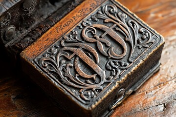 Close-up of antique library stamp with ornate lettering, showing ink residue and metal details