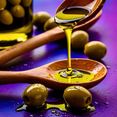 A spoonful of olive oil drizzles over a plate of olives