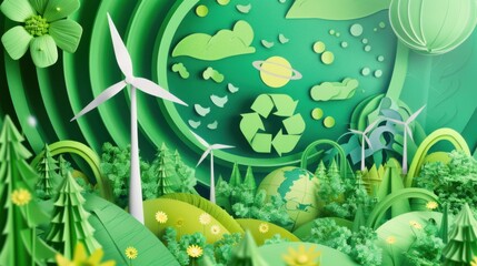 An ethereal depiction of Earth's renewable energy through sustainable recycling systems, illustrated in a recycling vitality art style, Simplified paper art illustration of