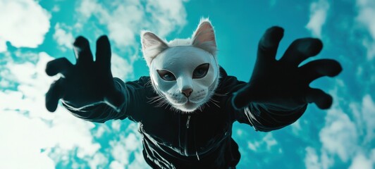 A person wearing a white cat mask reaches out with gloved hands against a blue sky. Quadrobics teen subculture