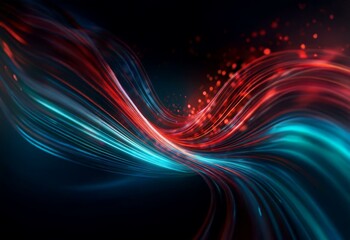 Poster - Abstract red and blue streaks of light curve through a dark space.