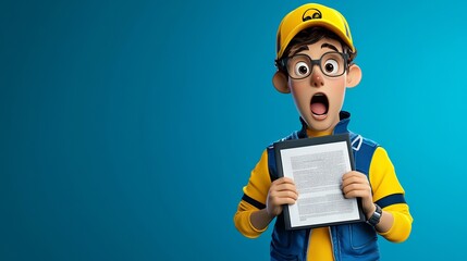 A cartoon actor in costume holding a script, looking excited, with studio lighting, rendered in Blender. Created using Cinema Ultra high definition, isolated background