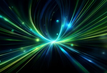 Poster - Abstract digital art with green and blue lines radiating from a central point with glowing orbs.