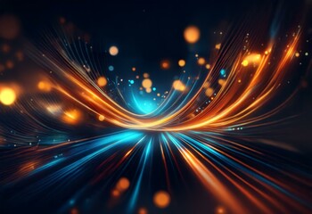 Wall Mural - Abstract background featuring streaks of blue and orange light with a blurred background of bokeh circles.