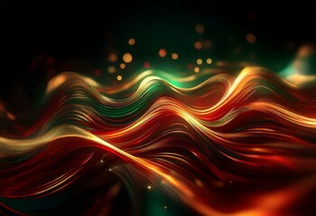 Sticker - Abstract swirling waves of red, gold, and green colors flow against a black background with glowing bokeh lights.