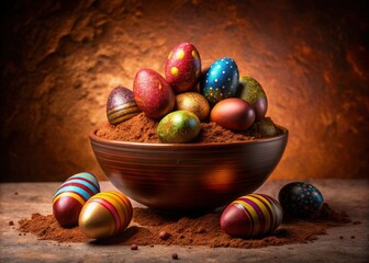 Double Exposure Photography of Chocolate Easter Eggs and Cocoa Powder in Chocolate Bowl on Brown Background for Easter Celebrations and Dessert Inspirations