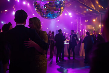  Guests dancing under disco ball at New Year’s Eve party