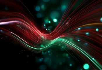 Wall Mural - Abstract digital art with bright red, green, and white lines flowing in a wave-like pattern on a dark background.