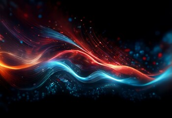 Sticker - Abstract digital art featuring flowing red and blue light streaks on a dark background.