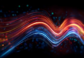 Canvas Print - Abstract digital artwork with flowing lines of red, orange and blue light on a black background, with small dots of colored light scattered throughout.