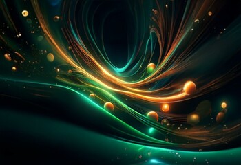 Poster - Abstract artwork with swirling, luminous lines in shades of green, orange and blue, with glowing orbs scattered throughout.