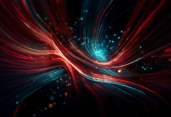 Wall Mural - Abstract digital art featuring swirling red and blue lines against a dark background, punctuated with small glowing particles.