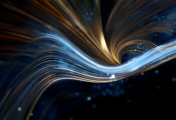 Wall Mural - A swirling abstract background with a blue, white, and gold color scheme. The image features a deep black background with  light streaks and some scattered white particles.