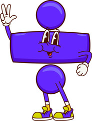 Poster - Cartoon division math sign groovy character. Isolated cute and funny vector mathematics symbol retro personage showing peace gesture with happy smile, ready for mathematical actions and kids learning