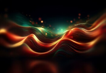 Sticker - Abstract digital art featuring vibrant red, orange and green flowing waves, with a dark background and sparkling lights.