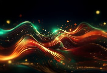 Sticker - Abstract digital art featuring flowing waves of vibrant orange, teal, and green light against a dark background. The waves are illuminated with glowing particles, creating a dynamic and ethereal effec