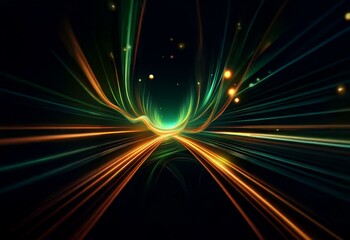 Poster - Abstract digital art depicting streaks of light in shades of green, orange, and yellow against a black background.