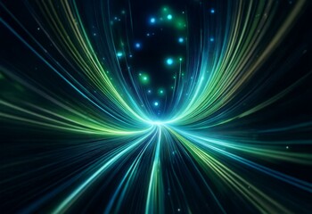 Wall Mural - A glowing, abstract tunnel of light and energy, with streaks of blue, green, and yellow converging in the center.