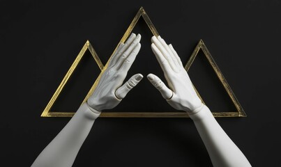 Two white hands inside a golden triangle.