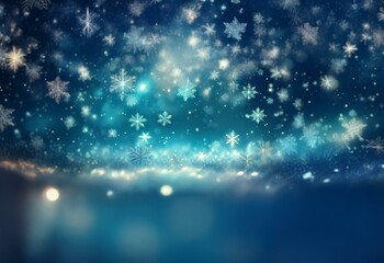 Aufkleber - A blue and white winter scene with a flurry of snowflakes falling. The sky is dark with hints of light.