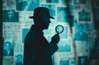 © Dima - Detective Silhouette with Magnifying Glass Against Wall of evidences and photos. Mystery and Investigation Concept. Generative AI