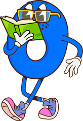 Poster - Cartoon math number zero groovy character reading textbook. Isolated vector funny school numeral 0 personage featuring playful face and glasses engrossed in learning educational materials or lesson