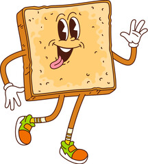 Poster - Cartoon retro groovy toast character. Isolated vector quirky slice of bread waving hand with a beaming smile and sticking tongue. Happy breakfast food personage in stylish shoes, oozing hippie vibes