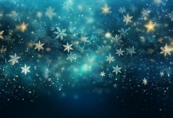 Wall Mural - A blue and white background with falling snowflakes and stars.