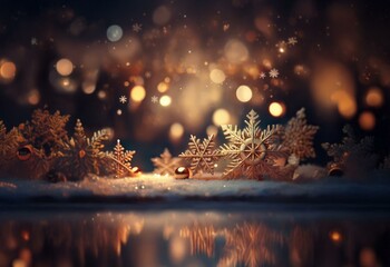 Aufkleber - Golden snowflakes glisten on a snowy surface with a warm glow reflecting in the water.
