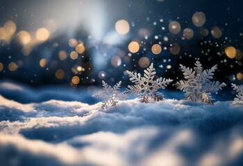 Aufkleber - A winter scene with snowflakes resting on fresh fallen snow with a warm glow in the background.