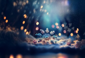Aufkleber - A single snowflake sits on a snowy surface surrounded by soft, glowing lights.