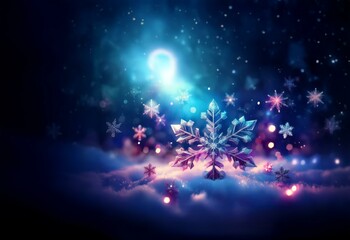 Aufkleber - A large snowflake sits on a bed of clouds with a bright, glowing moon in the background.