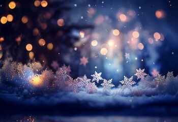 Sticker - A snowy landscape with sparkling lights in the background and delicate snowflakes scattered across the foreground.