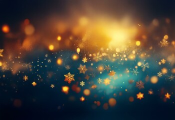 Poster - Abstract background with golden bokeh and snowflakes on a dark blue background.