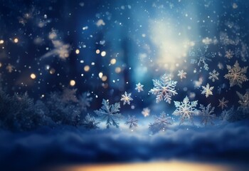 Poster - A magical winter scene with falling snow, a soft blue sky, and glowing lights in the distance.