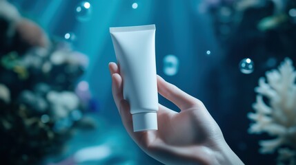 Wall Mural - Hand holding white cosmetic tube mockup underwater environment bubbles. Aquatic refreshing cream packaging template advertising image. Skincare, beauty product mock up photorealistic