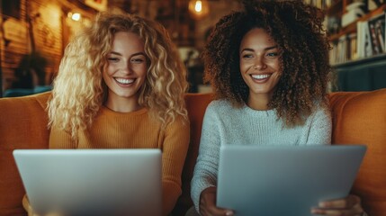 Two cheerful women relax with laptops in a cozy setting, sharing warm smiles and companionship, reflecting joy and connection in a modern, comfortable atmosphere.