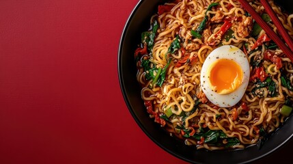 A mouthwatering bowl of ramen topped with a soft-boiled egg, vegetables, and meat, served in a black bowl against a striking red background.